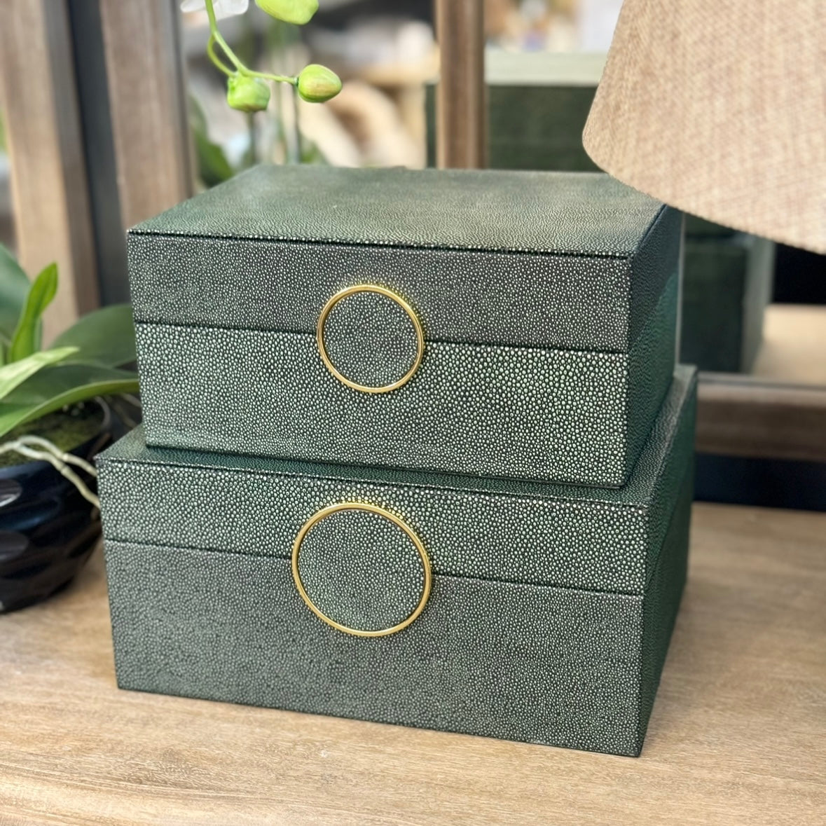 Set of 2 Faux Green Shagreen Boxes