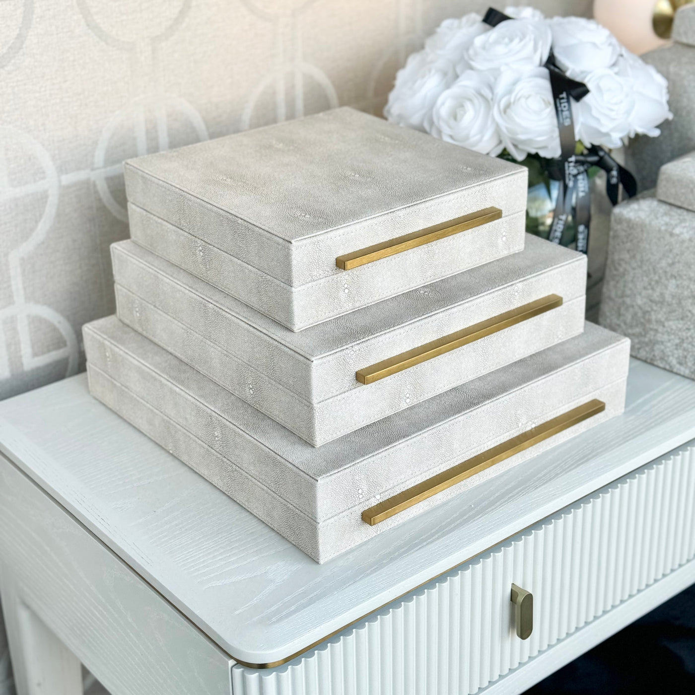 Set of 3 Ivory Faux Shagreen Boxes
