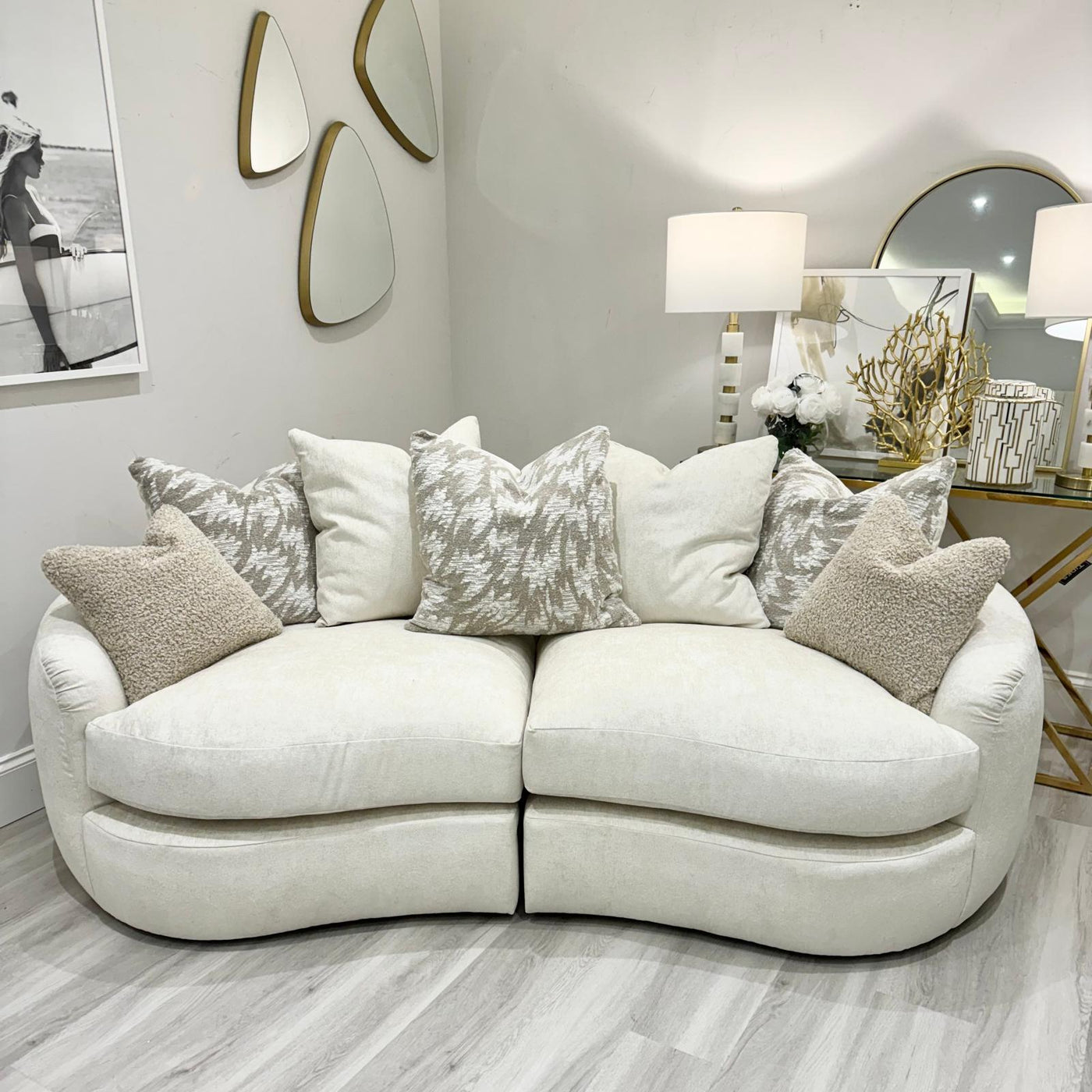 Logan Sofa-Pearl with Natural & Latte Scatters