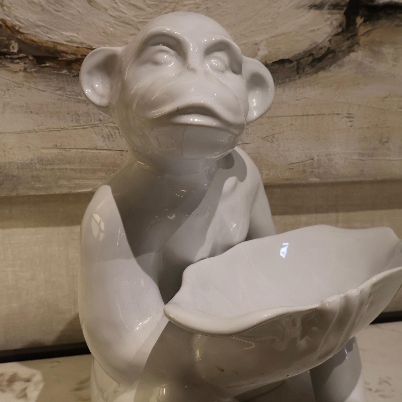 White Gloss Monkey Bowl Statue