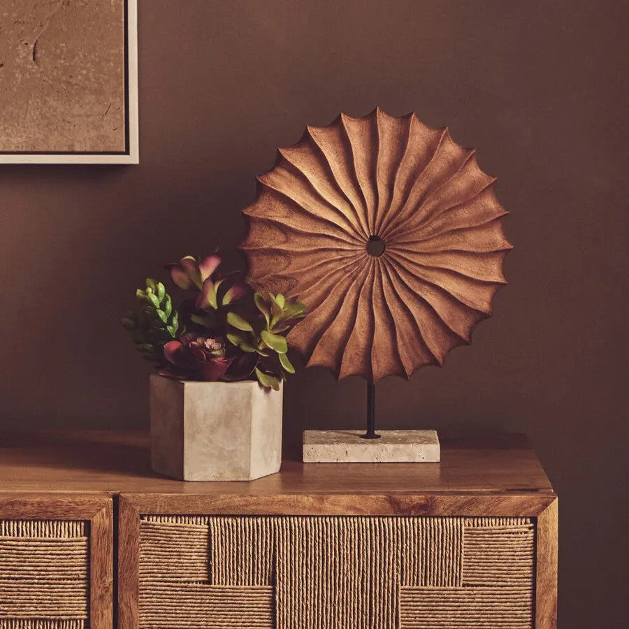 Natural Wood Sculpture With Travertine Base