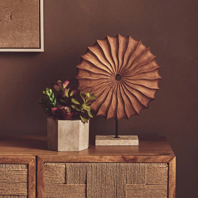 Natural Wood Sculpture With Travertine Base