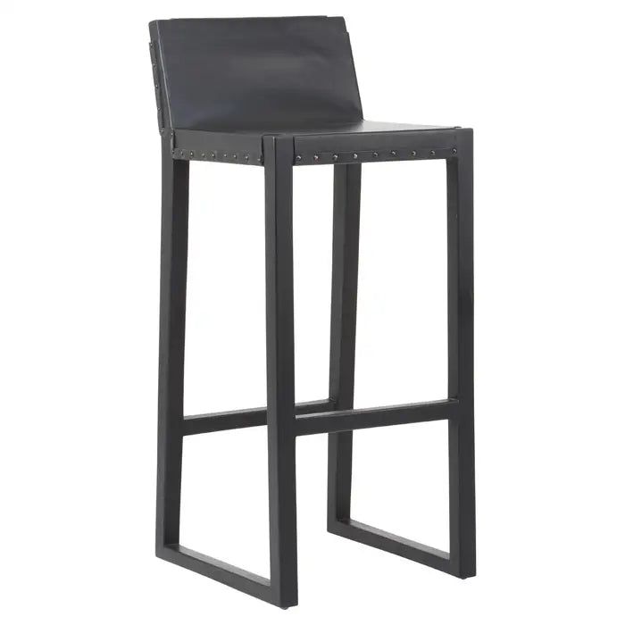 Black Leather & Teak Barstool