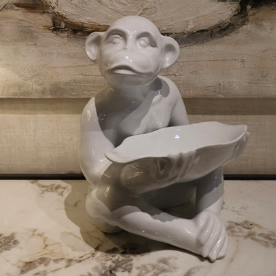 White Gloss Monkey Bowl Statue