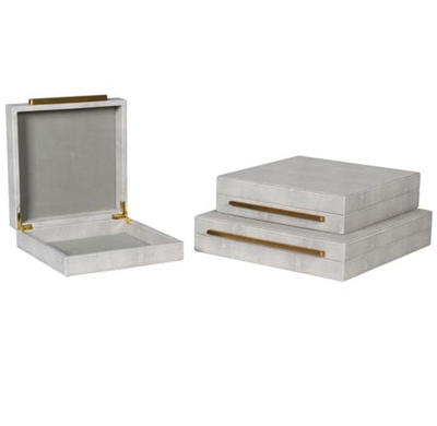 Set of 3 Ivory Faux Shagreen Boxes with Gold Handles