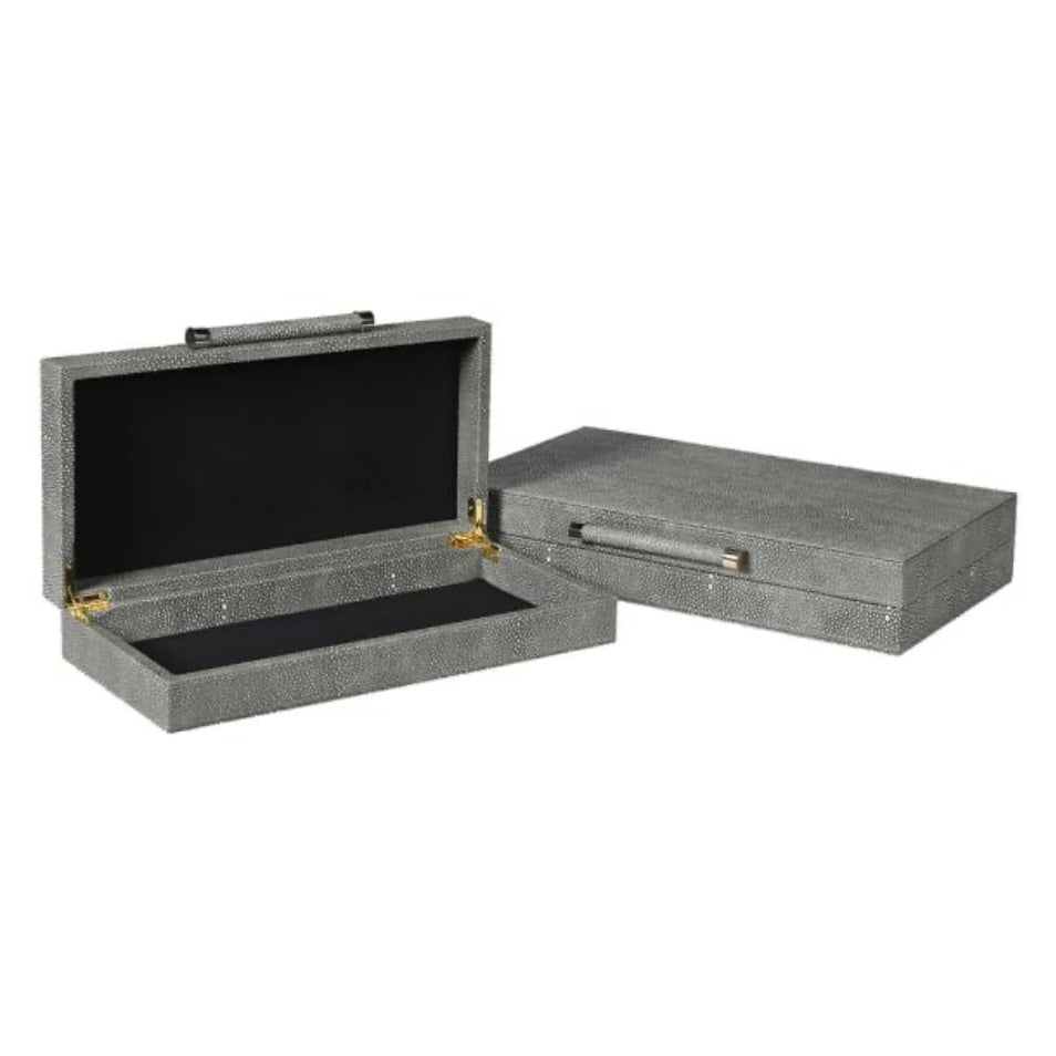 Set of 2 Grey Shagreen Boxes with Brass Handle