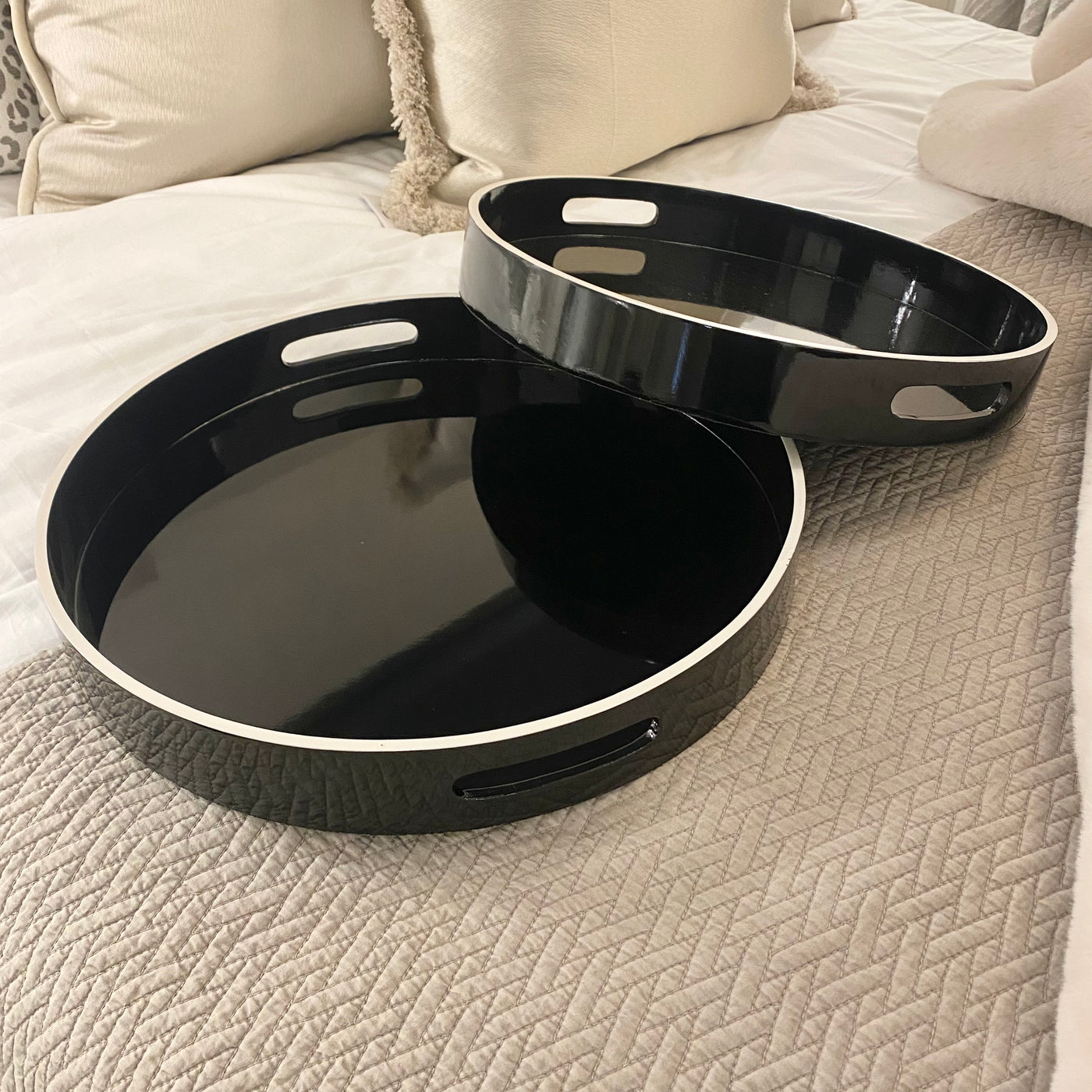 Set of 2 Black Trays with White Rim