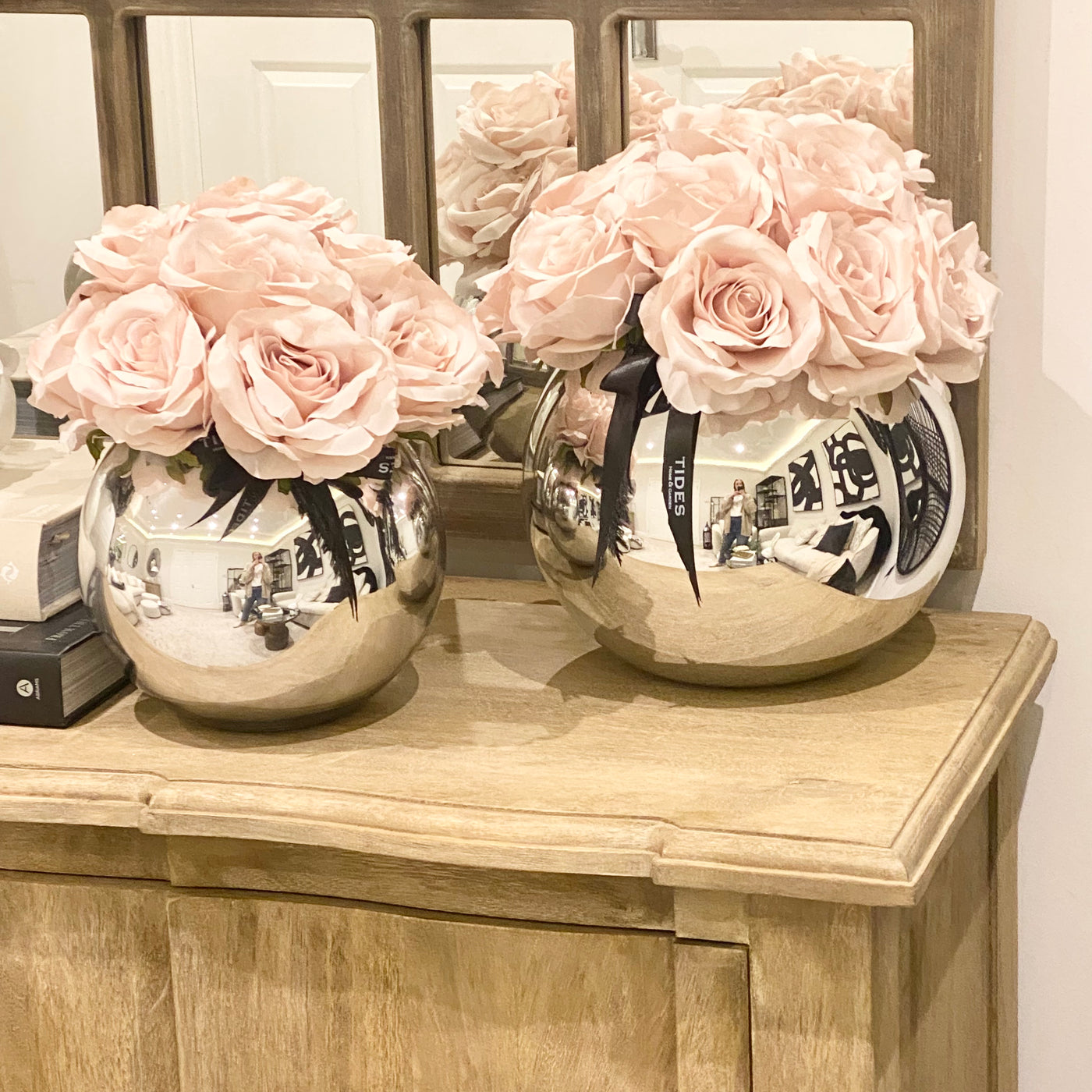 Nude Roses in Mirrored Fishbowl Vase