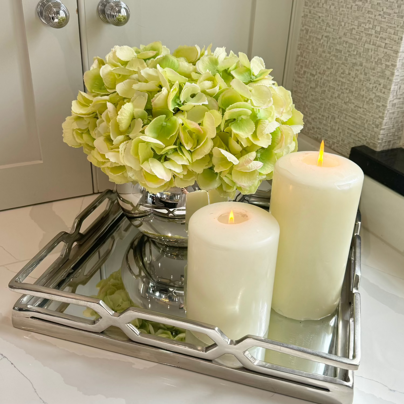 Green Hydrangeas in Mirrored Fishbowl Vase