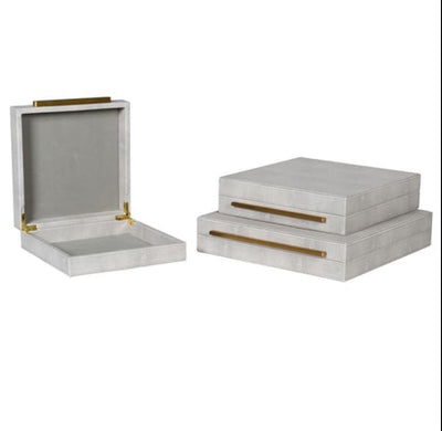 Set of 3 Ivory Faux Shagreen Boxes with Gold Handles