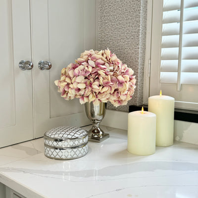 Pink Hydrangeas In Metal Goblet Vase