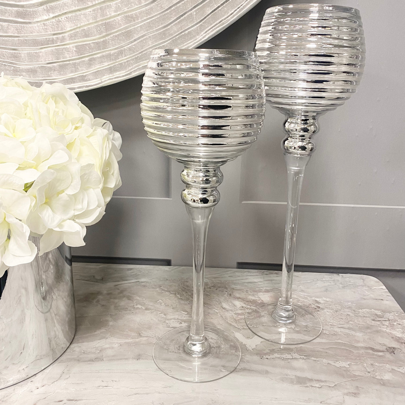 Set of 2 Ribbed Silver Candle Holders