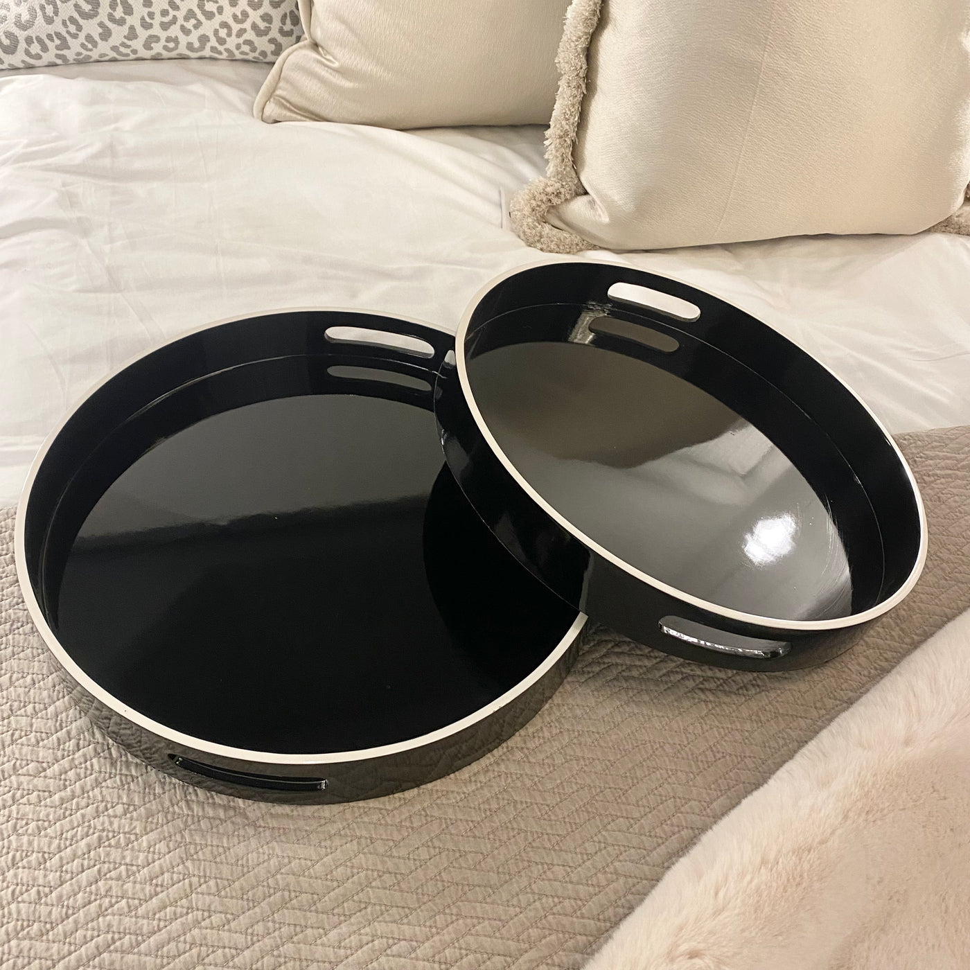 Set of 2 Black Trays with White Rim