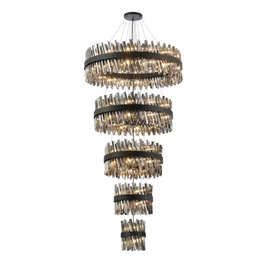 5 Tier Pendant, 6 + 10 + 18 + 24 + 32 Light G9 – Satin Black & Smoked Gla