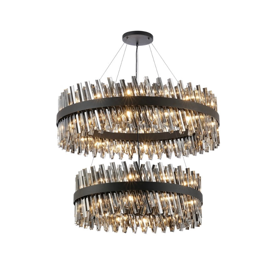 2 Tier Pendant, 24 + 32 Light G9 – Satin Black & Smoked Glass