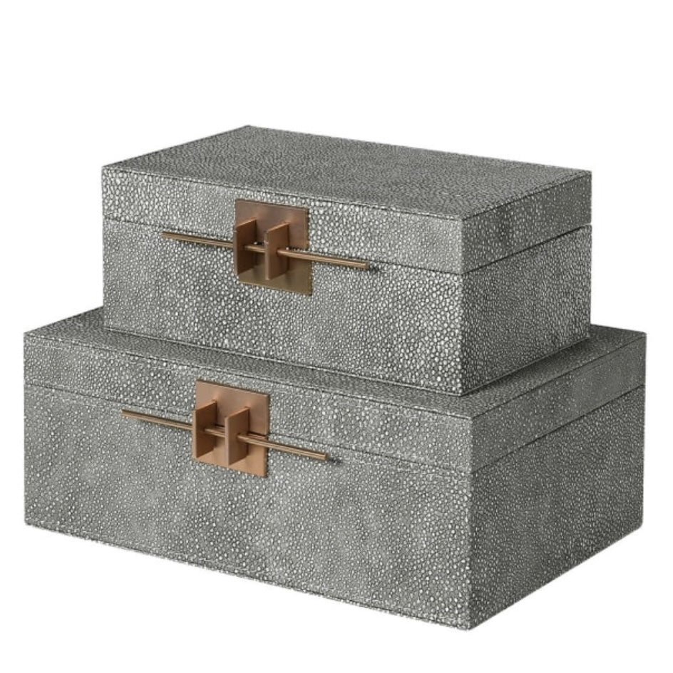Set of 2 Grey Shagreen Boxes with Dark Brass Detail
