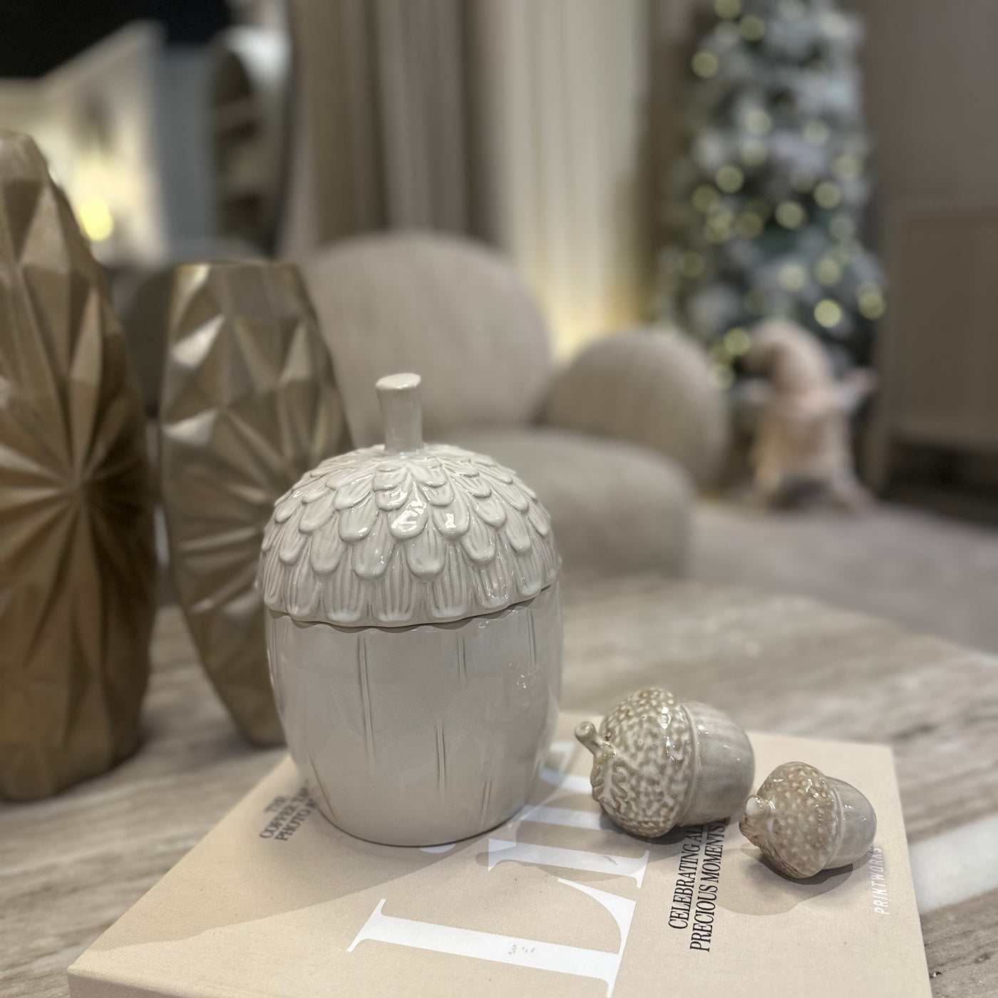 White Ceramic Acorn Lidded Jar