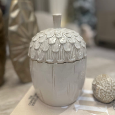 White Ceramic Acorn Lidded Jar