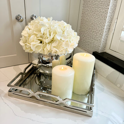 White Hydrangeas in Mirrored Fishbowl Vase