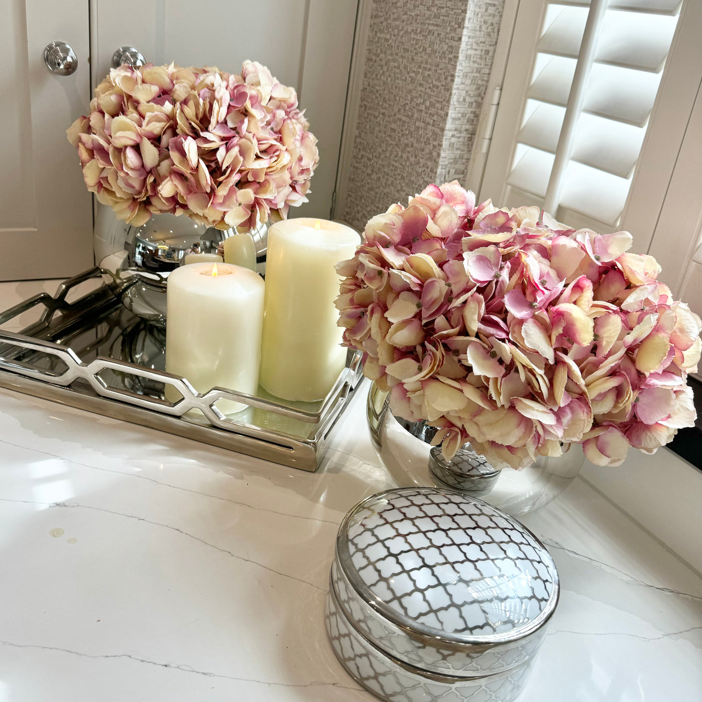 Pink Hydrangeas in Mirrored Fishbowl Vase