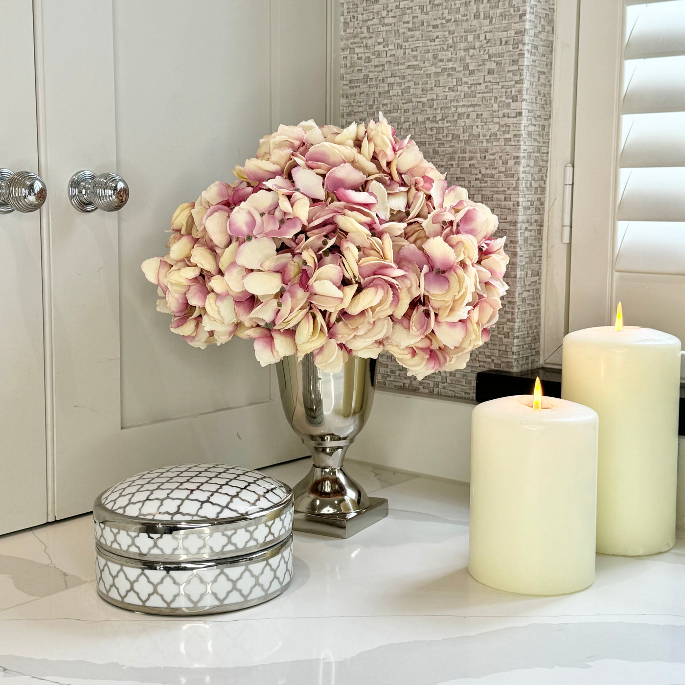 Pink Hydrangeas In Metal Goblet Vase