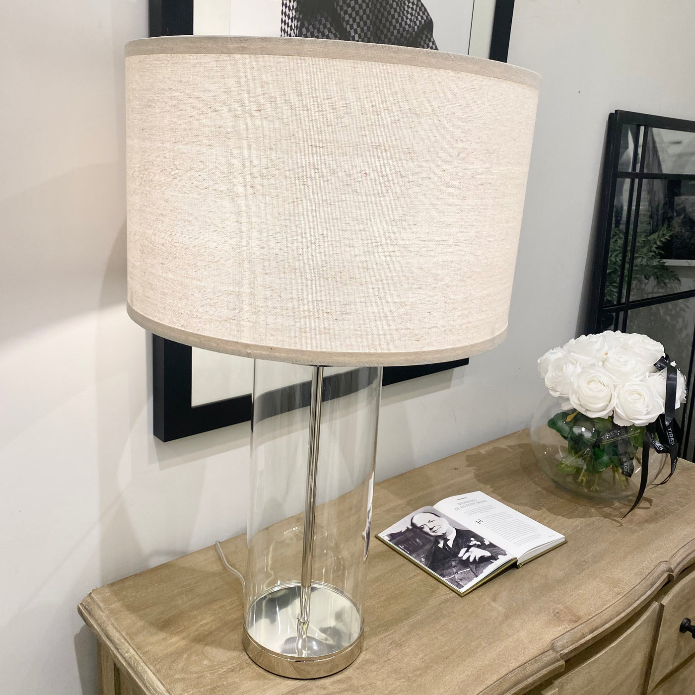 Classic Glass Tube Lamp With Natural Linen Shade