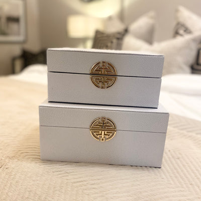 Set of 2 Faux White Shagreen Boxes-Gold