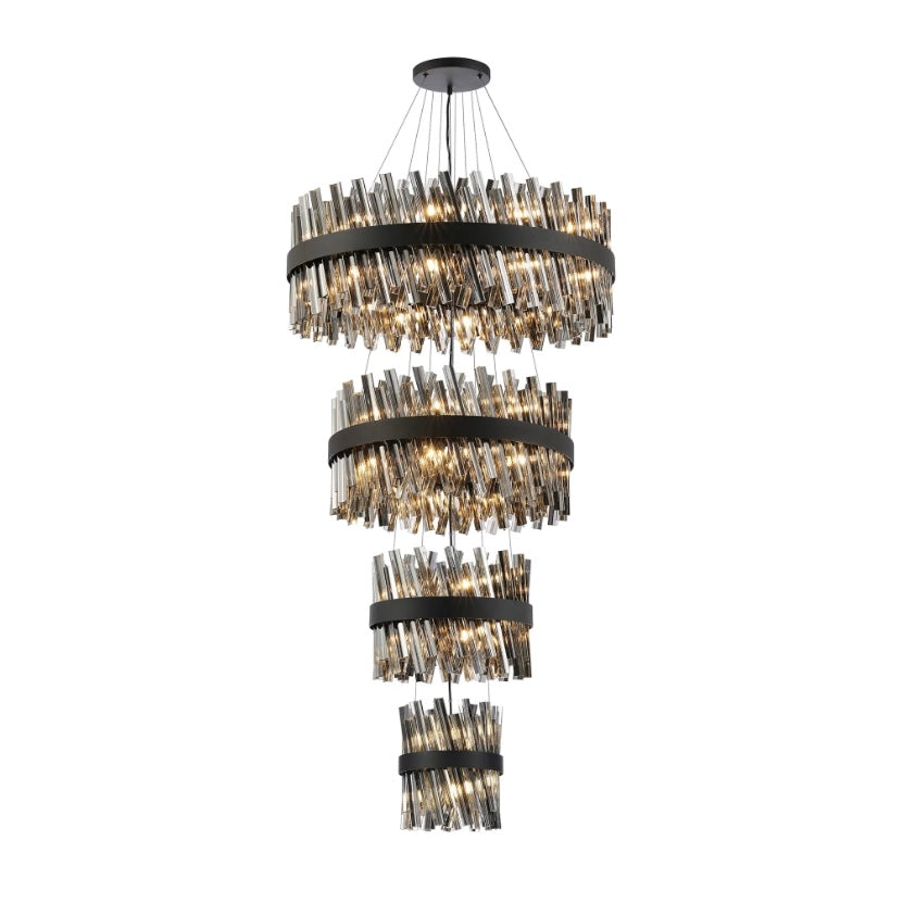 4 Tier Pendant, 6 + 10 + 18 + 24 Light G9 – Satin Black & Smoked Glass