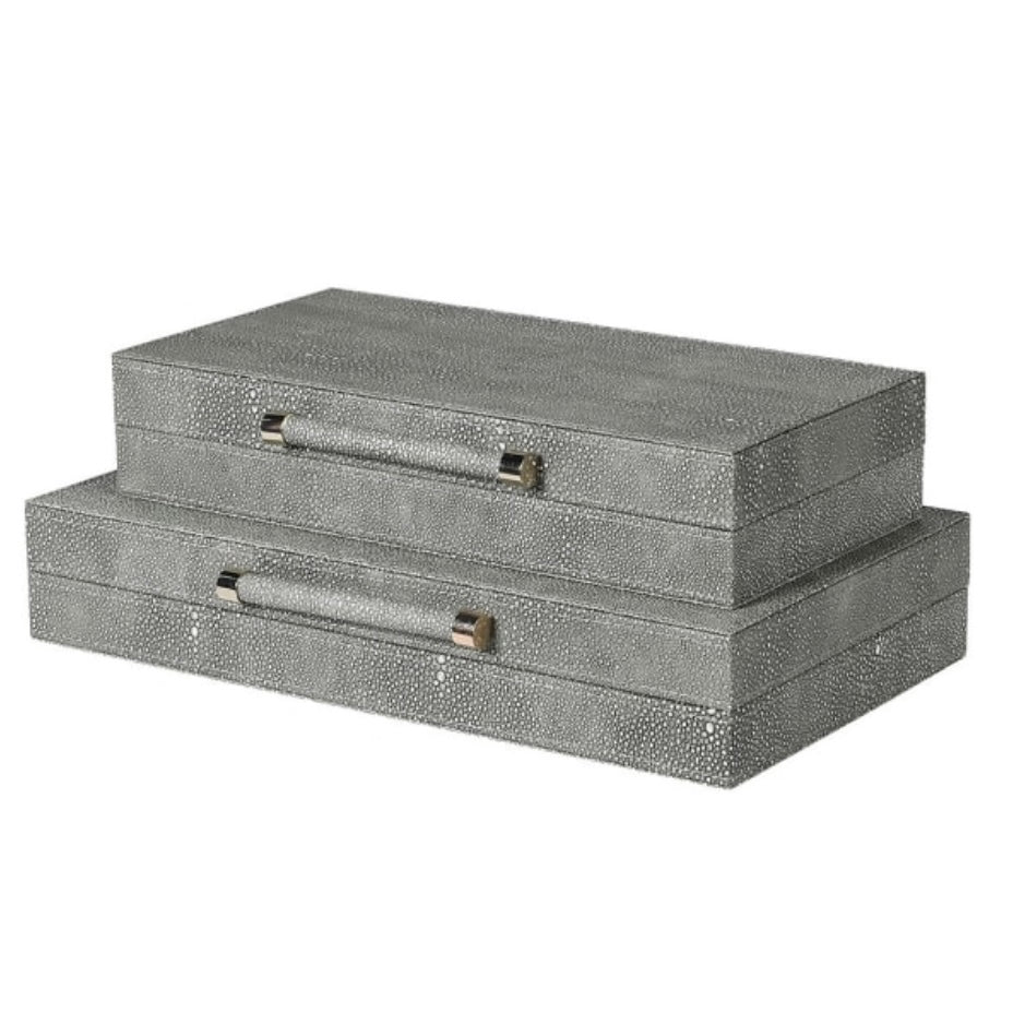 Set of 2 Grey Shagreen Boxes with Brass Handle