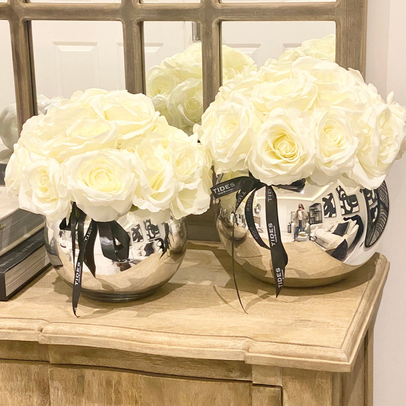 White Roses in Mirrored Fishbowl Vase