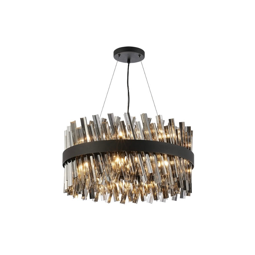 60cm Round Pendant, 18 Light G9 – Satin Black & Smoked Glass