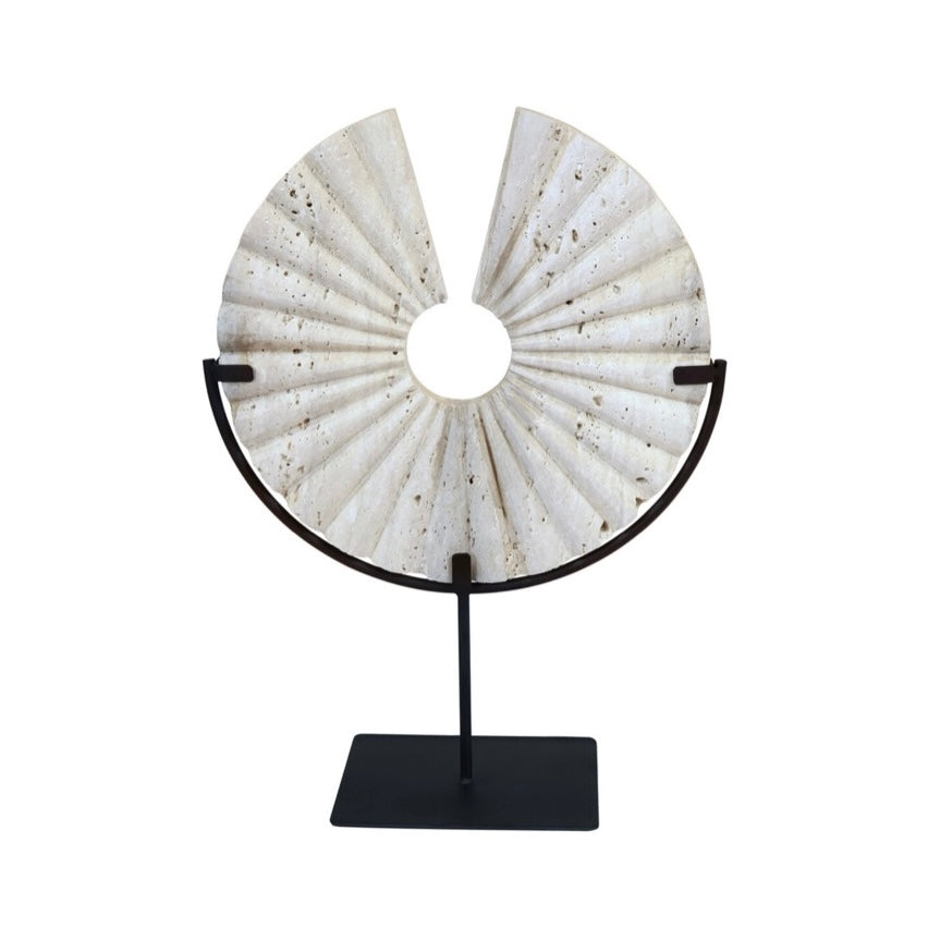 Ribbed Travertine Disc Sculpture on Stand