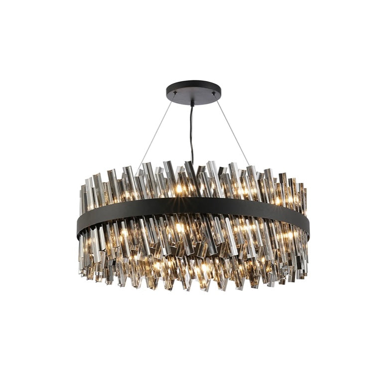 80cm Round Pendant, 24 Light G9 – Satin Black & Smoked Glass