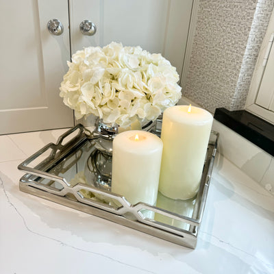 White Hydrangeas in Mirrored Fishbowl Vase