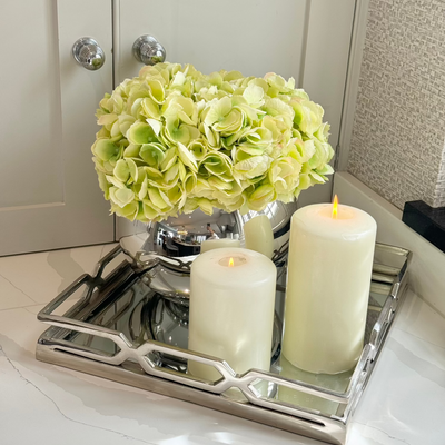 Green Hydrangeas in Mirrored Fishbowl Vase