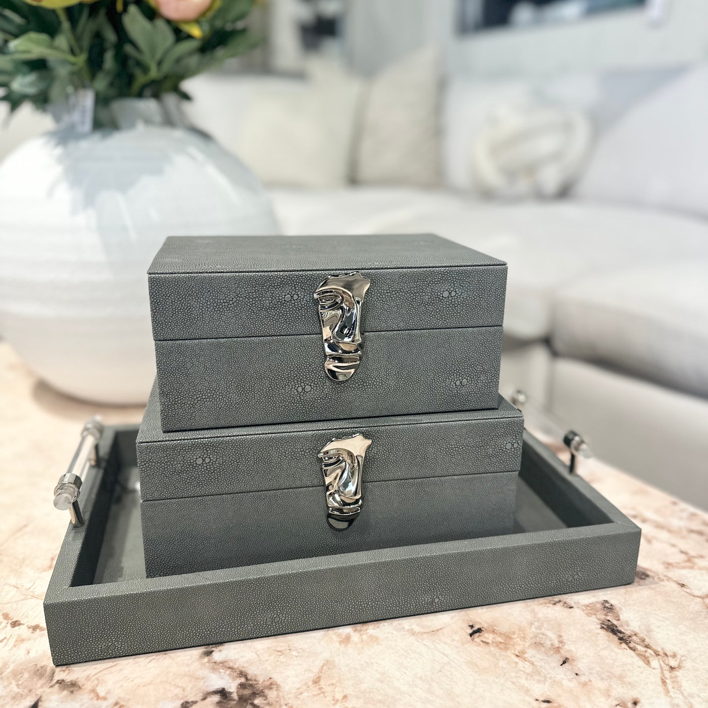 Set of 2 Grey Silver Face Boxes