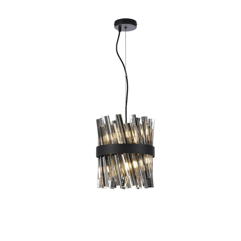 25cm Round Pendant, 6 Light G9 – Satin Black & Smoked Sculpted Glass