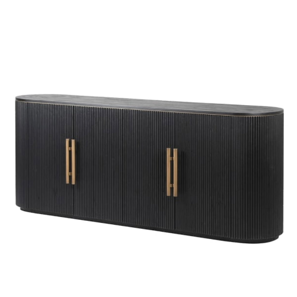 Ribbed Black Wood Sideboard with Brass Handles