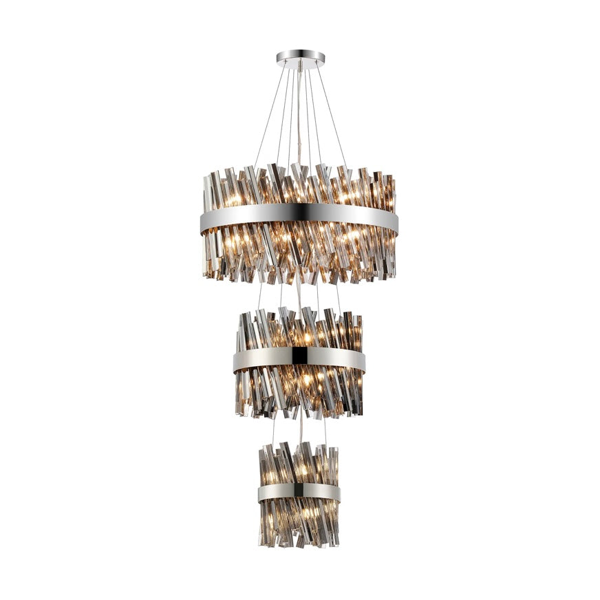 3 Tier Pendant, 6 + 10 + 18 Light G9 – Polished Nickel & Smoked Glass