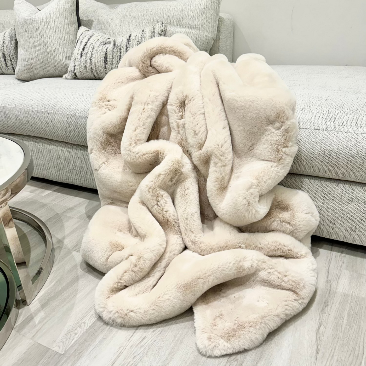 Chunky Light Beige Rabbit Faux Fur Throw