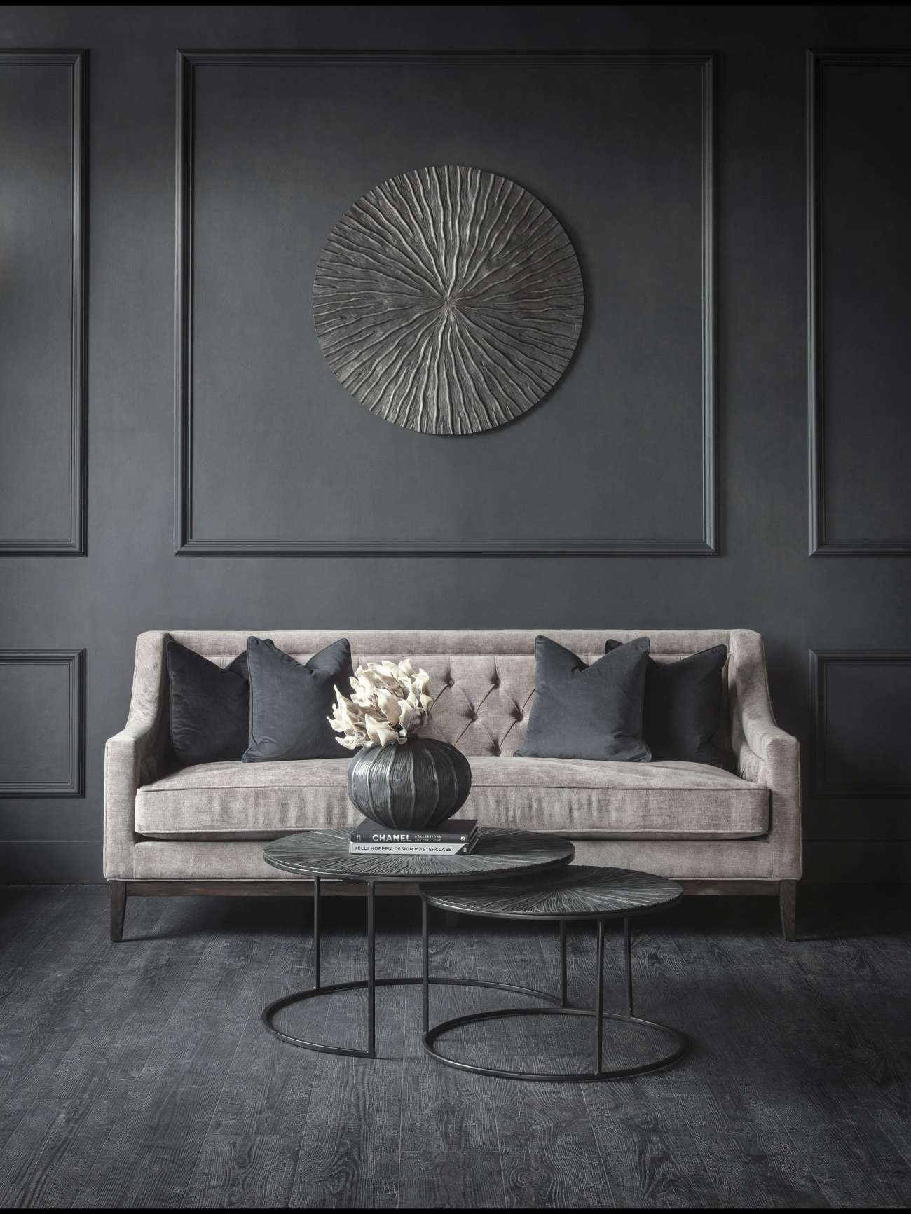 Theodore Buttoned Sofa in Warm Grey Fabric