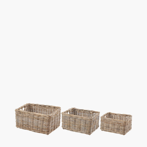 S/3 Grey Kubu Rattan Rectangular Storage Baskets with Inset Handles