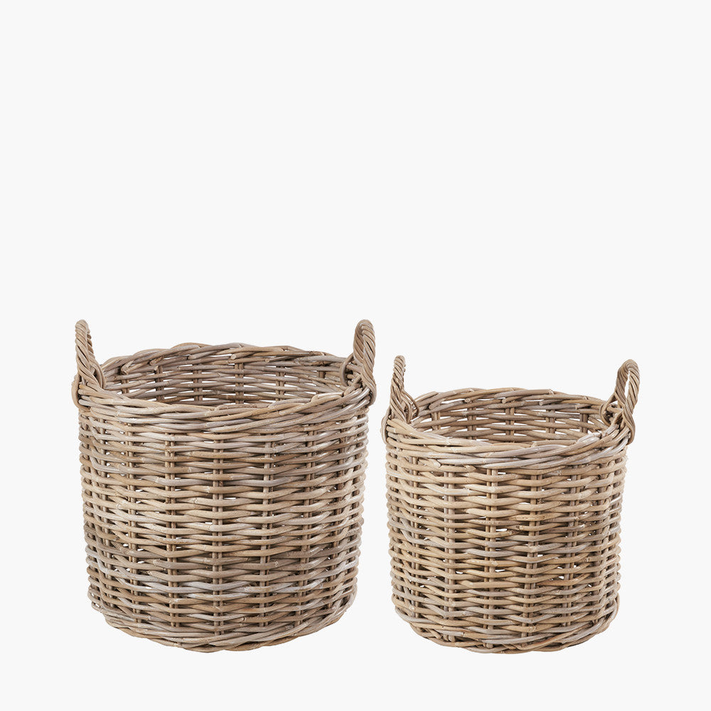 S/2 Grey Rattan Round Log Baskets