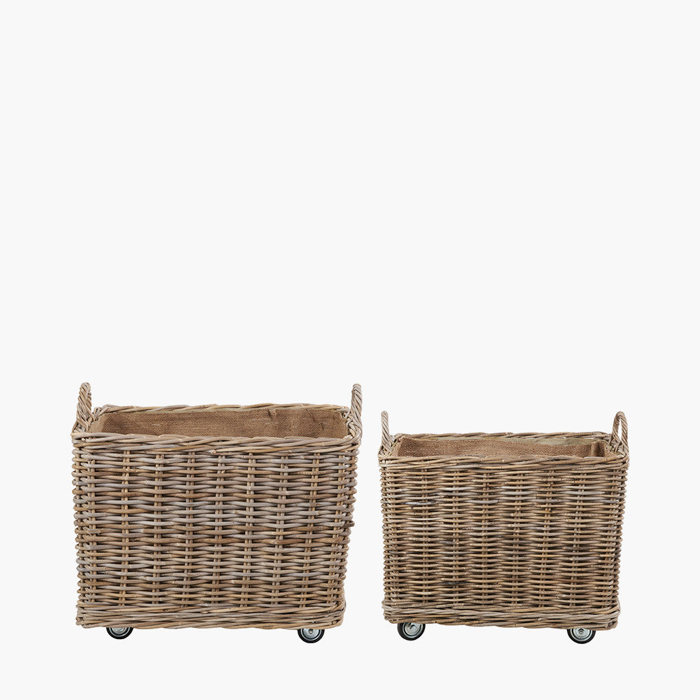S/2 Grey Kubu Rattan Rectangular Wheeled Logs Baskets