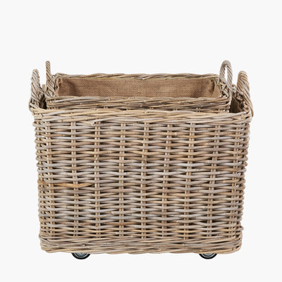 S/2 Grey Kubu Rattan Rectangular Wheeled Logs Baskets