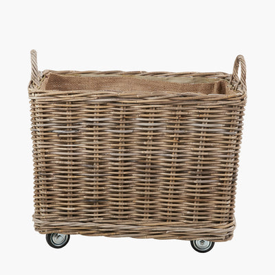 S/2 Grey Kubu Rattan Rectangular Wheeled Logs Baskets