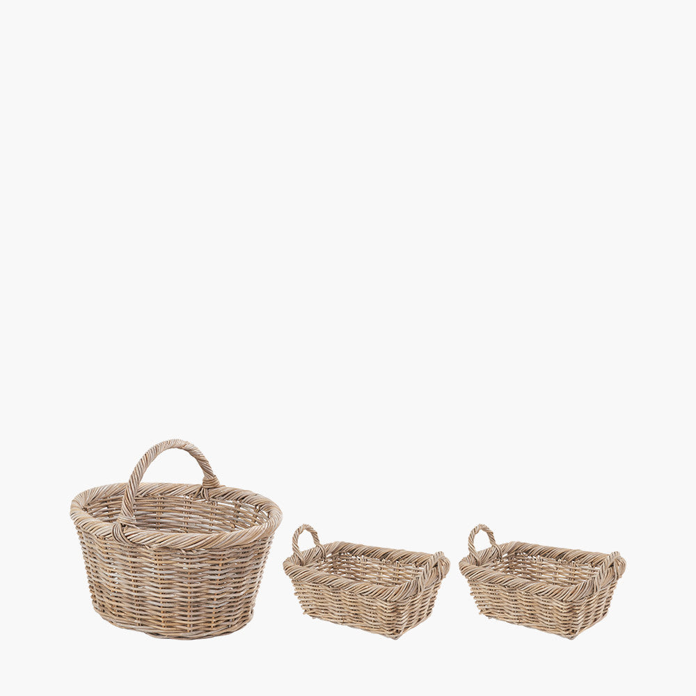 S/3 Grey Kubu Rattan Oval Shopping Basket with 2 Rectangular Storage Baskets