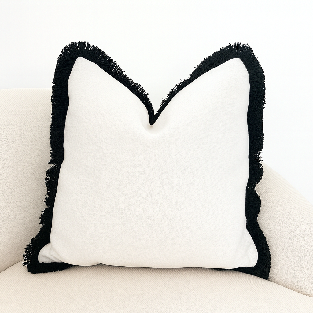 Malini Hugo White Cushion With Black Fringe