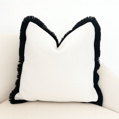 Malini Hugo White Cushion With Black Fringe