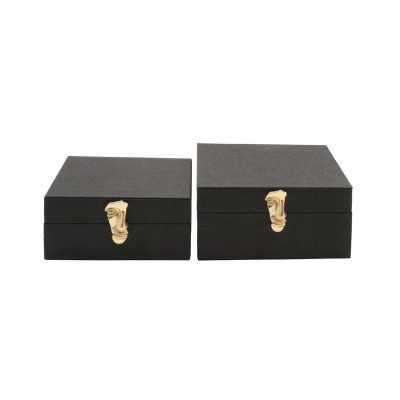 Set of 2 Matte Black Faux Litchi Jewellery Boxes with Matte Gold Face Handle
